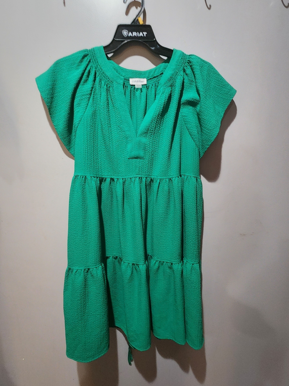 Vibrant Green Tiered Short-Sleeve Dress With Pockets And Flutter Sleeves
